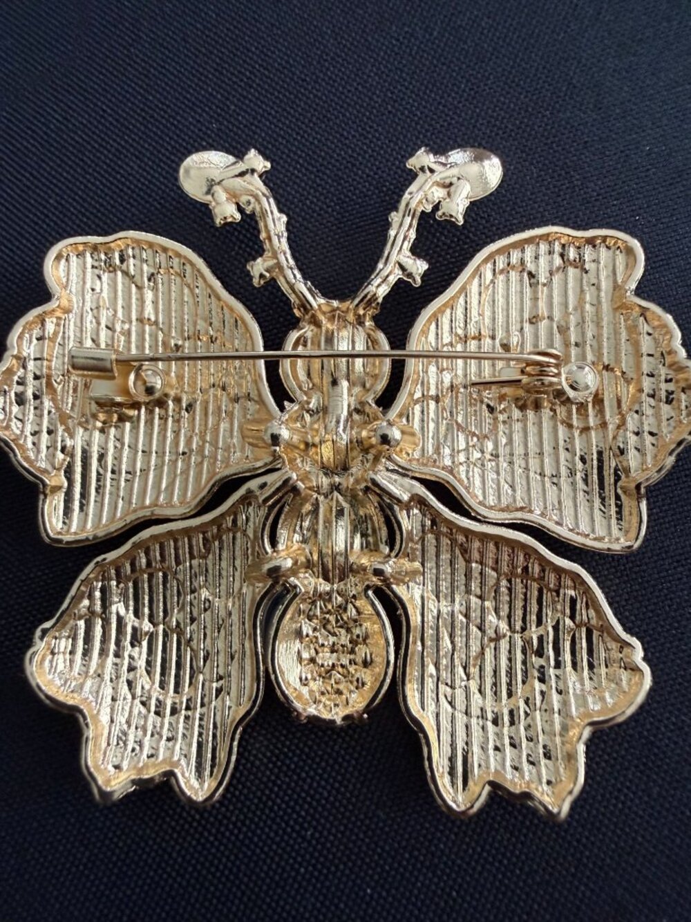 Large Red & Coral Enamel Butterfly Brooch – Iridescent Wings, Crystal Body, Gold - Picture 3 of 5